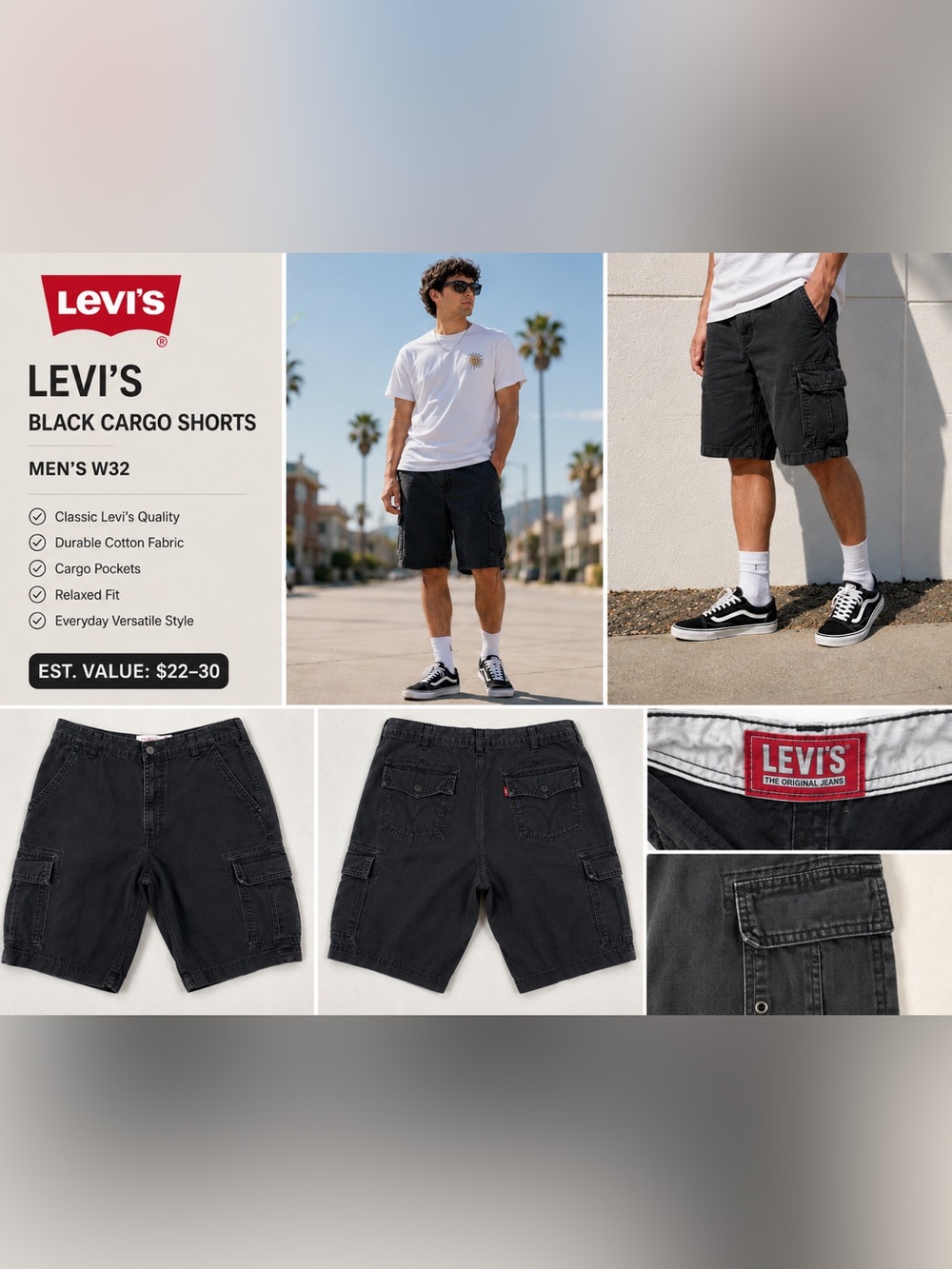 Levi’s Cargo Shorts W32 Black Cotton Utility Outdoor Workwear Casual Pockets Y2K